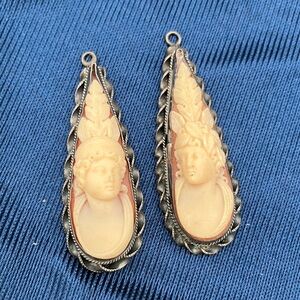 Pair Victorian carved Sterling silver Teardrop Earrings